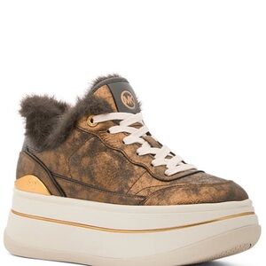 Michael Kors Bronze Metallic Platform Sneaker with Fur Collar